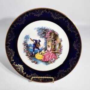 Vintage Porcelain Decorative Plate With Romantic Scene & Gold Gilded Blue Border